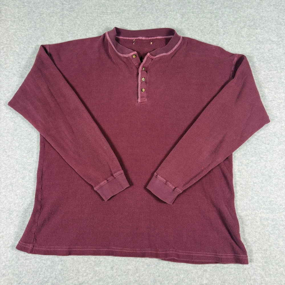 Unbranded Waffle Knit Henley Mens 2XL Burgundy Excellent Thermal Long Sleeve